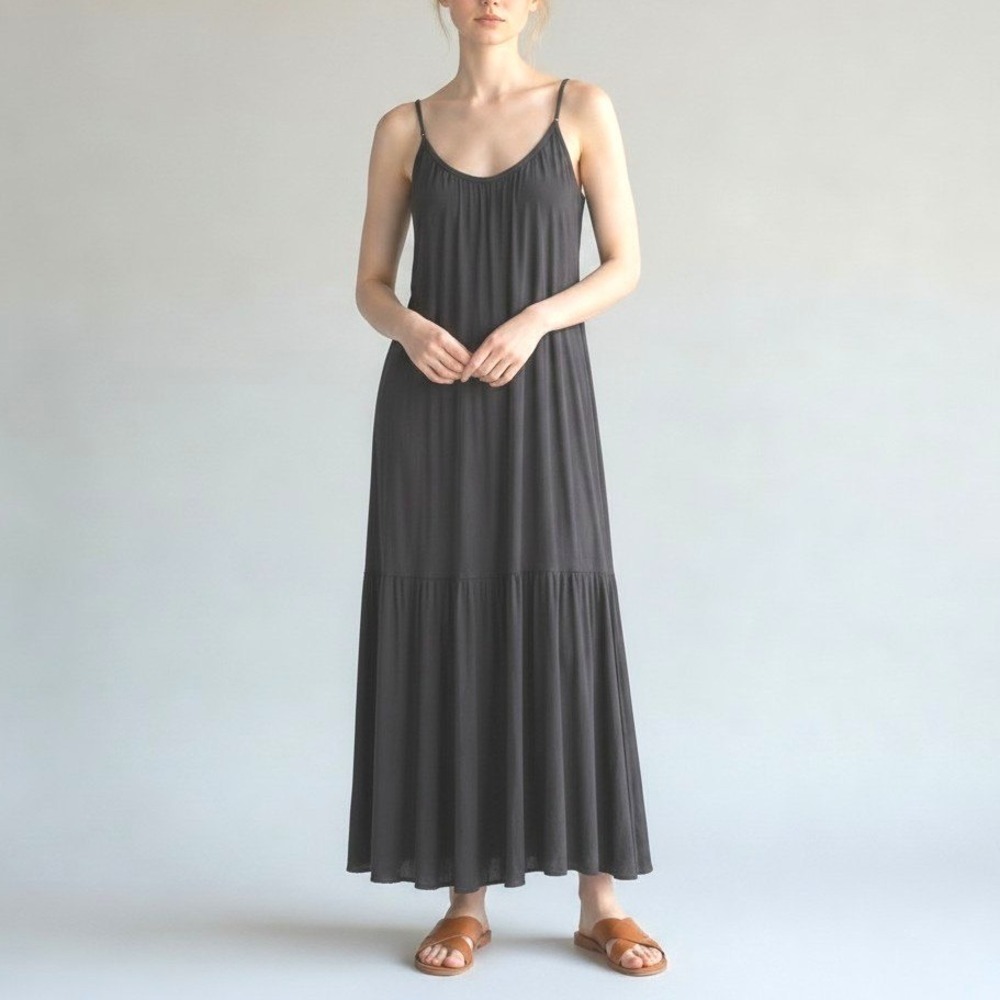 Black Maxi Dress Adjustable Spaghetti Straps Gauze Bohemian Small‎ Bohemian